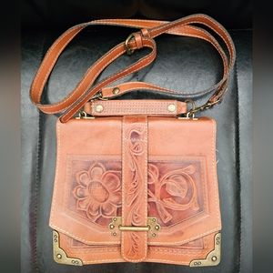 Patricia Nash Tan Embossed Floral Leather Crossbody Bag
